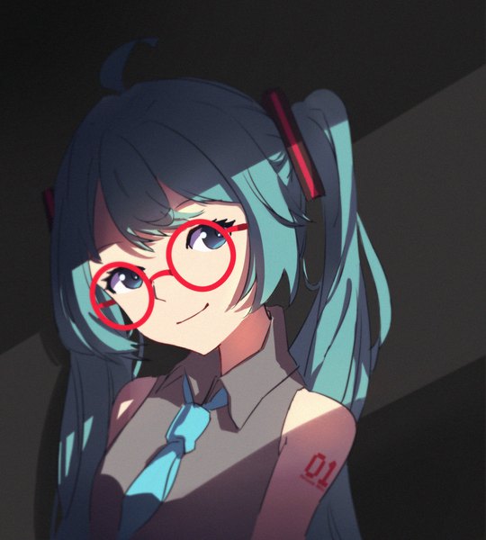 Anime picture 1800x2000 with vocaloid hatsune miku laluna single long hair tall image looking at viewer highres twintails upper body ahoge head tilt aqua eyes aqua hair shadow bespectacled girl glasses necktie