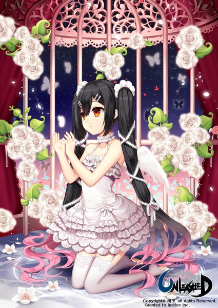 Anime picture 1535x2165 with unleashed black joa single tall image black hair red eyes twintails looking away very long hair girl thighhighs dress flower (flowers) ribbon (ribbons) hair ribbon white thighhighs rose (roses)