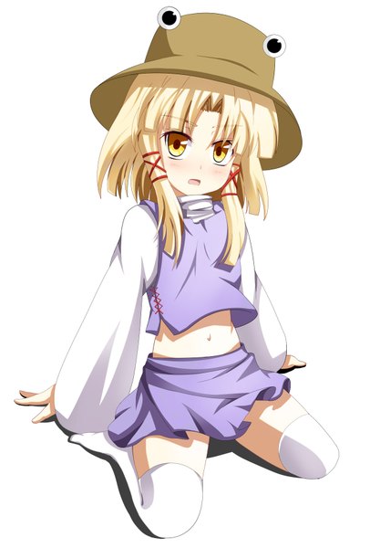 Anime picture 1232x1772 with touhou moriya suwako eo (artist) single tall image looking at viewer blush short hair open mouth simple background blonde hair white background yellow eyes girl thighhighs skirt navel hat miniskirt shirt