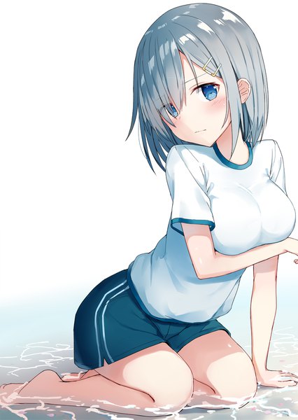 Anime picture 853x1200 with kantai collection hamakaze destroyer shikuro (iorimiyakiyo) single tall image looking at viewer blush fringe short hair breasts blue eyes light erotic bent knee (knees) barefoot grey hair hair over one eye arm support bare legs kneeling breast hold