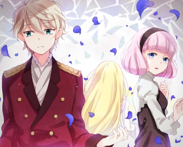 Anime picture 1210x976 with aldnoah.zero a-1 pictures slaine troyard asseylum vers allusia lemrina vers envers rirako long hair fringe short hair blue eyes multiple girls looking away pink hair white hair long sleeves parted lips head tilt puffy sleeves tears outstretched arm