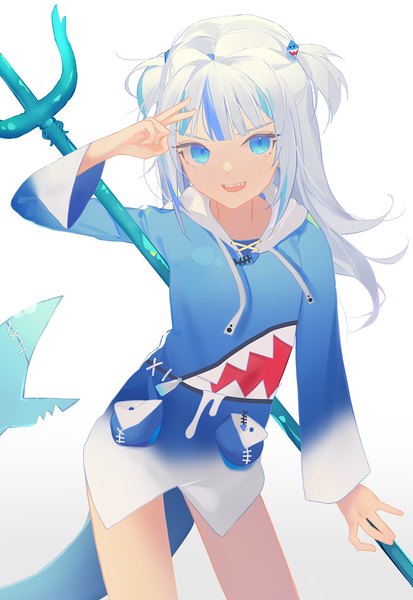 Anime-Bild 1000x1452 mit virtual youtuber hololive hololive english gawr gura gawr gura (1st costume) tr (hareru) single long hair tall image looking at viewer fringe open mouth blue eyes simple background standing white background silver hair tail :d multicolored hair