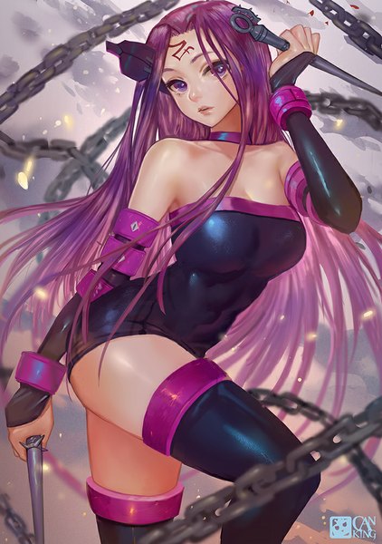 Anime picture 704x1000 with fate (series) fate/stay night type-moon rider canking single long hair tall image looking at viewer light erotic standing purple eyes bare shoulders purple hair bent knee (knees) facial mark girl thighhighs black thighhighs chain