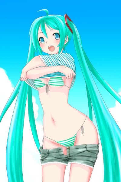 Anime picture 1024x1536 with vocaloid hatsune miku minazuki itto single tall image looking at viewer blush open mouth blue eyes light erotic twintails sky cloud (clouds) very long hair aqua hair undressing open shorts girl swimsuit bikini