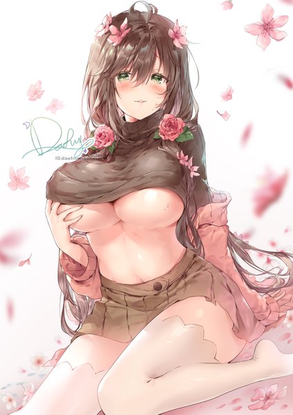 Anime picture 1748x2480 with original daefny single long hair tall image looking at viewer blush fringe highres breasts light erotic smile hair between eyes brown hair large breasts sitting green eyes ahoge parted lips pleated skirt
