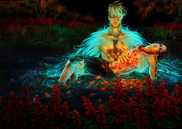 Anime picture 1123x800 with one piece toei animation portgas d. ace marco (one piece) rt (pixiv) short hair open mouth blue eyes black hair blonde hair holding orange eyes tattoo glowing topless boy flower (flowers) petals water beads