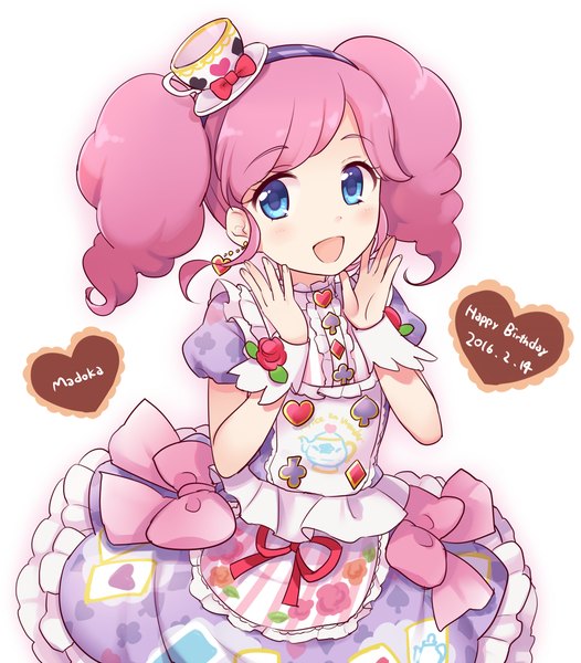 Anime picture 1075x1227 with aikatsu! amahane madoka maki (natoriumu) single long hair tall image looking at viewer blush fringe open mouth blue eyes simple background white background twintails payot pink hair from above character names dated valentine