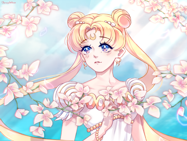 Anime picture 1000x753 with bishoujo senshi sailor moon toei animation tsukino usagi princess serenity vermeillerose (maria) single long hair blush fringe blue eyes blonde hair twintails signed looking away sky cloud (clouds) upper body parted lips wind hair bun (hair buns)