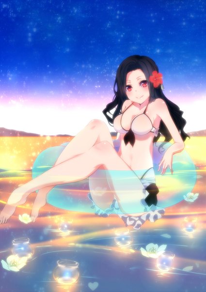 Anime picture 1440x2035 with mahouka koukou no rettousei saegusa mayumi katatsuka kouji single long hair tall image looking at viewer blush breasts light erotic black hair smile red eyes large breasts sitting bare shoulders sky full body bent knee (knees) barefoot