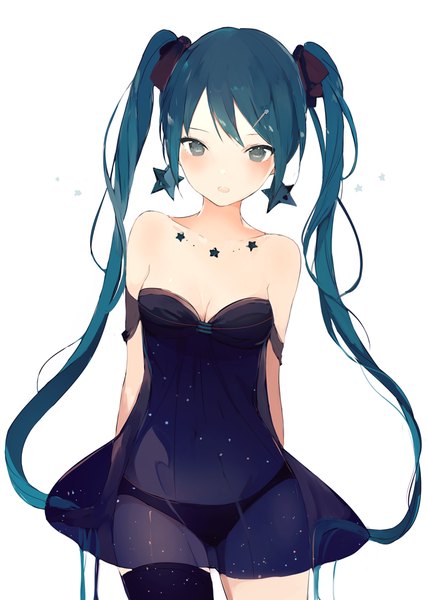 Anime picture 700x984 with vocaloid hatsune miku lpip single long hair tall image looking at viewer blush breasts open mouth blue eyes light erotic simple background white background twintails bare shoulders blue hair cleavage :d hands behind back