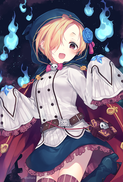 Anime picture 700x1035 with idolmaster idolmaster cinderella girls granblue fantasy shirasaka koume silltare single tall image fringe short hair open mouth blonde hair red eyes signed long sleeves :d hair flower hair over one eye twitter username double buttons girl