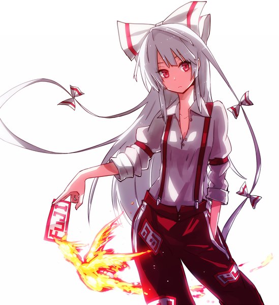 Anime picture 1029x1125 with touhou fujiwara no mokou shirofox (artist) single long hair tall image looking at viewer simple background red eyes white background white hair girl bow hair bow shirt fire suspenders