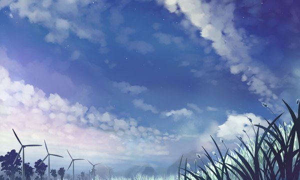 Anime picture 2000x1200 with original midia highres wide image sky cloud (clouds) landscape scenic plant (plants) tree (trees) star (stars) windmill wind turbine