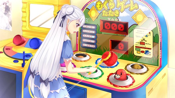 Anime picture 1280x720 with anata no koto o suki to iwasete long hair open mouth red eyes wide image game cg white hair girl dress bow ribbon (ribbons) hair bow hair ribbon