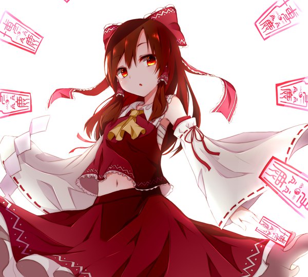Anime picture 1440x1296 with touhou hakurei reimu nankotsu single long hair fringe hair between eyes red eyes brown hair white background traditional clothes japanese clothes :o from below nontraditional miko girl skirt navel bow hair bow