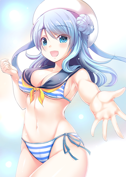 Anime picture 714x1000 with kantai collection urakaze destroyer izumi akane single long hair tall image looking at viewer blush breasts open mouth blue eyes light erotic smile blue hair hair bun (hair buns) groin outstretched hand girl navel swimsuit
