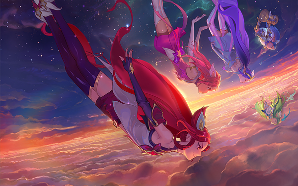 Anime picture 1280x800 with league of legends jinx (league of legends) lux (league of legends) lulu (league of legends) janna windforce poppy (league of legends) star guardian lux star guardian jinx star guardian janna star guardian lulu star guardian poppy su-ke (artist) long hair highres blue eyes smile red eyes wide image multiple girls green eyes