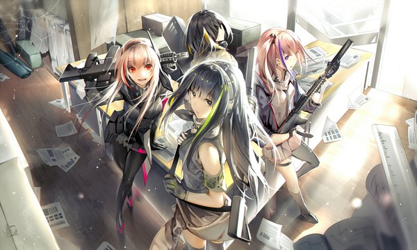 Anime picture 1000x600 with girls frontline m4a1 (girls frontline) m4 sopmod ii (girls frontline) st ar-15 (girls frontline) m16a1 (girls frontline) phino (jinko0094) long hair looking at viewer open mouth black hair blonde hair red eyes brown hair wide image purple eyes multiple girls pink hair red hair looking back multicolored hair