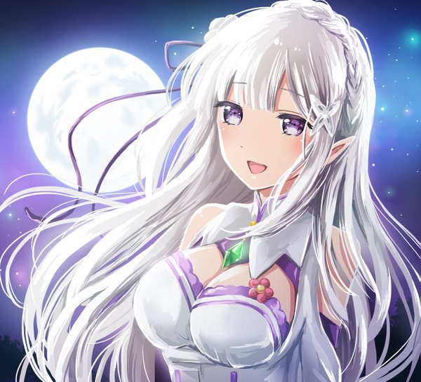 Anime picture 1551x1410 with re:zero kara hajimeru isekai seikatsu white fox emilia (re:zero) nanashiki fuuka single long hair blush breasts open mouth purple eyes silver hair pointy ears night girl dress moon