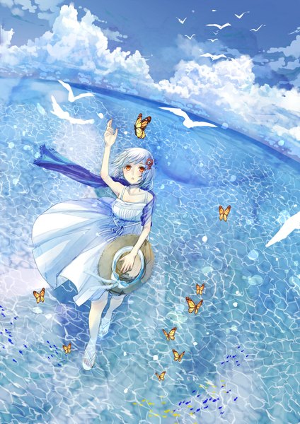 Anime picture 706x1000 with original aiha-deko single tall image blush short hair holding sky cloud (clouds) hair flower from above outstretched arm horizon girl dress hair ornament flower (flowers) animal water sea