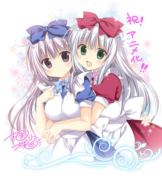 Anime picture 900x1005 with alice or alice airi (alice or alice) rise (alice or alice) korie riko long hair tall image looking at viewer blush fringe breasts open mouth simple background smile white background purple eyes multiple girls green eyes signed upper body white hair