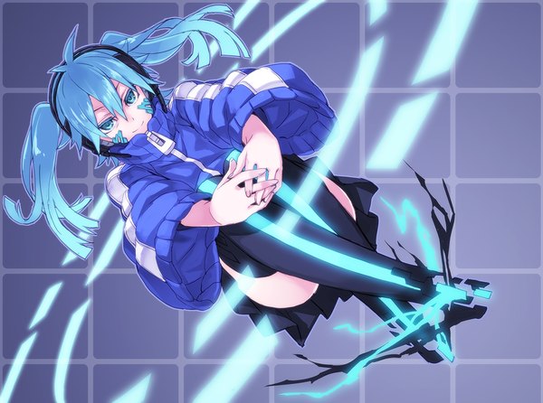 Anime picture 1200x892 with kagerou project shaft (studio) ene (kagerou project) matsuryuu single long hair looking at viewer sitting twintails aqua eyes aqua hair girl thighhighs jacket headphones zipper