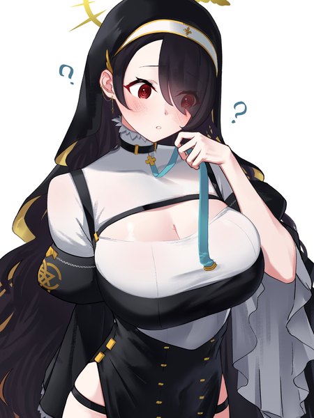 Anime picture 2972x3963 with blue archive hinata (blue archive) onuj2$ single long hair tall image blush fringe highres breasts light erotic black hair simple background red eyes large breasts white background cleavage upper body hair over one eye cleavage cutout