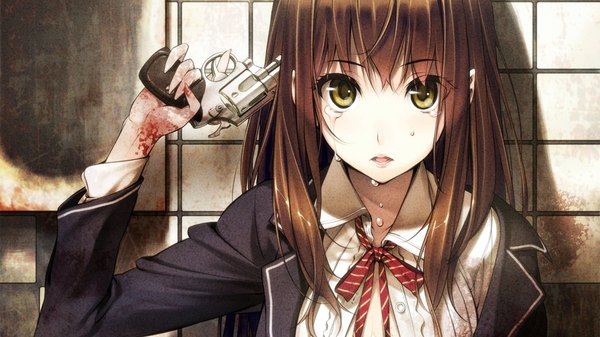 Anime picture 1920x1080 with original ikeda yasuhiro single long hair looking at viewer highres open mouth brown hair wide image green eyes wallpaper crying cropped girl uniform ribbon (ribbons) bow weapon school uniform shirt