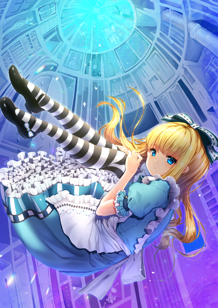 Anime picture 2893x4092 with alice in wonderland alice (wonderland) renyl single long hair tall image fringe highres blue eyes blonde hair full body bent knee (knees) blunt bangs scan puffy sleeves frilled dress weightlessness embryo's pose girl thighhighs