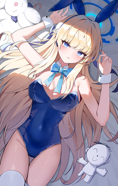 Anime picture 3720x5851 with blue archive toki (blue archive) toki (bunny) (blue archive) sensei (blue archive) doodle sensei (blue archive) kkubuk92 single long hair tall image looking at viewer blush fringe highres breasts blue eyes light erotic blonde hair large breasts bare shoulders animal ears