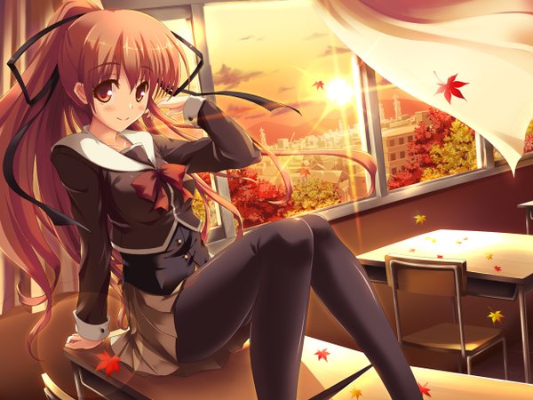 Anime picture 1250x938 with red eyes ponytail red hair city evening sunset autumn classroom girl ribbon (ribbons) pantyhose serafuku window leaf (leaves)