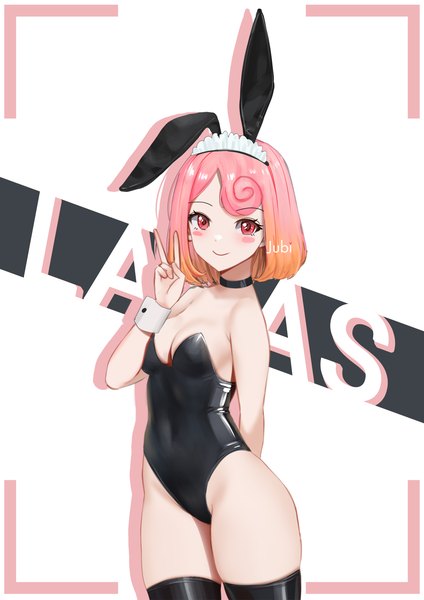 Anime picture 1190x1684 with original laras (jubi) jubi (regiana) single long hair tall image looking at viewer blush short hair breasts light erotic simple background smile red eyes white background signed animal ears pink hair bunny ears character names
