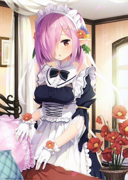 Anime picture 2426x3400 with original senji (tegone spike) single tall image looking at viewer blush fringe highres short hair open mouth standing brown eyes payot pink hair indoors hair flower pointy ears scan hair over one eye :o
