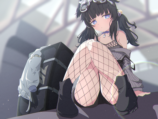 Anime picture 3285x2477 with blue archive hibiki (blue archive) pinosuke single long hair looking at viewer blush fringe highres blue eyes light erotic black hair sitting twintails animal ears payot absurdres full body bent knee (knees) blunt bangs