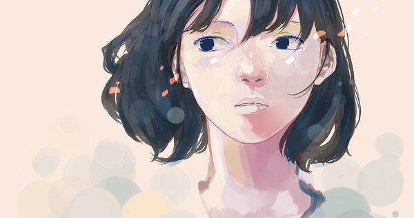 Anime picture 1300x688 with original pege (artist) single short hair black hair simple background wide image looking away wind black eyes portrait freckles girl