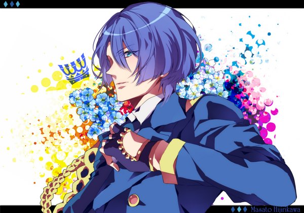 Anime picture 1700x1190 with uta no prince-sama a-1 pictures hijirikawa masato kazenagi hikari single short hair blue eyes simple background white background blue hair purple hair profile multicolored hair aqua eyes gradient hair framed boy gloves flower (flowers) shirt