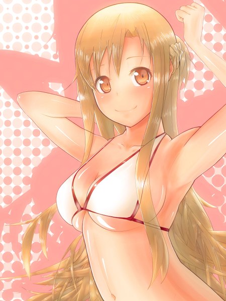 Anime picture 2250x3000 with sword art online a-1 pictures yuuki asuna single long hair tall image looking at viewer blush fringe highres breasts light erotic brown hair brown eyes braid (braids) shiny skin side braid girl bikini top