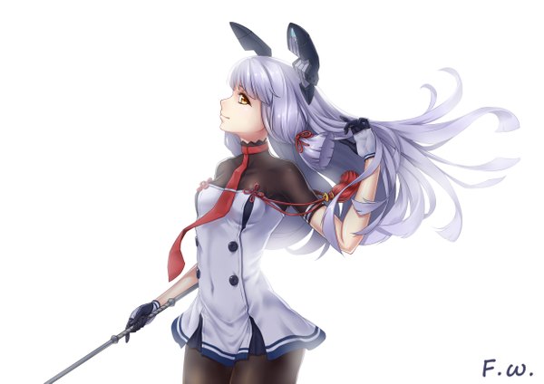 Anime picture 2480x1754 with kantai collection murakumo destroyer freewind single long hair looking at viewer highres simple background smile white background signed yellow eyes profile light smile wind grey hair inscription adjusting hair tress ribbon girl