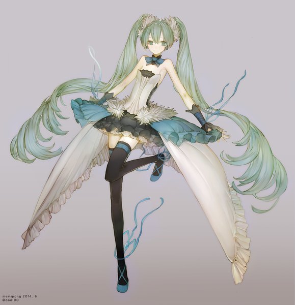 Anime picture 1195x1237 with 7th dragon vocaloid hatsune miku memipong single tall image looking at viewer fringe simple background twintails bare shoulders full body bent knee (knees) very long hair aqua eyes aqua hair zettai ryouiki girl thighhighs dress