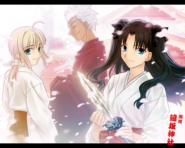 Anime picture 1280x1024 with fate (series) fate/stay night studio deen type-moon artoria pendragon (all) saber toosaka rin archer (fate) japanese clothes miko