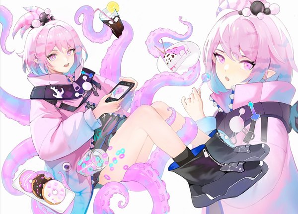 Anime picture 1498x1076 with arknights kirara (arknights) ufoliving looking at viewer short hair open mouth white background pink hair pink eyes pointy ears multiview tentacle hair girl food jacket boots sweets drink candy cake