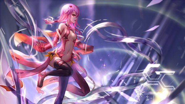 Anime picture 1600x899 with guilty crown production i.g yuzuriha inori wangchuan de quanyan single long hair looking at viewer breasts light erotic red eyes wide image twintails pink hair watermark center opening logo girl gloves hair ornament detached sleeves