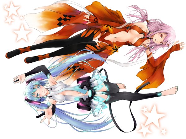 Anime picture 1500x1125 with guilty crown vocaloid production i.g vocaloid append hatsune miku yuzuriha inori hatsune miku (append) dan (killaflip) long hair breasts light erotic smile twintails multiple girls pink hair very long hair pink eyes aqua eyes aqua hair center opening