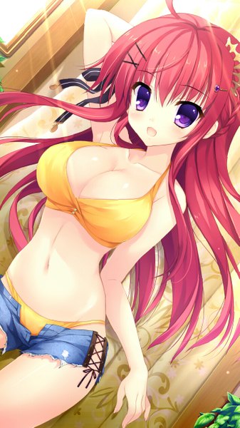 Anime picture 707x1259 with alia's carnival! ousaka asuha mitha long hair tall image looking at viewer blush fringe breasts open mouth light erotic large breasts purple eyes bare shoulders red hair indoors arm up sunlight bare belly armpit (armpits)