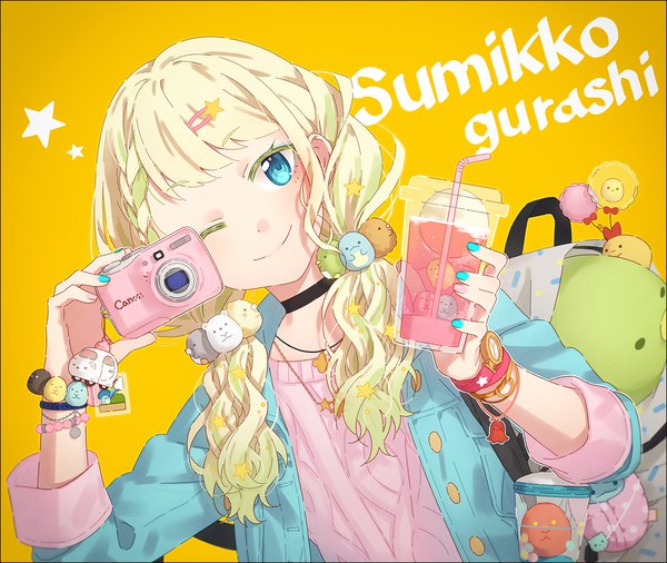 Anime picture 1050x887 with original sumikko gurashi hakusai (tiahszld) single long hair looking at viewer fringe blue eyes simple background blonde hair smile twintails holding upper body braid (braids) nail polish head tilt one eye closed wink open jacket