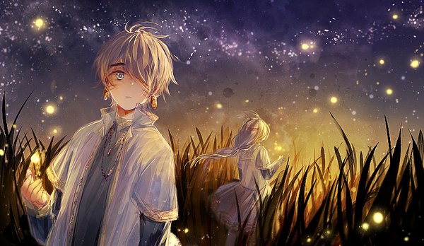 Anime picture 850x494 with original mint5464 long hair fringe blue eyes blonde hair wide image standing looking away sky wind hair over one eye night night sky girl dress boy plant (plants) pendant insect