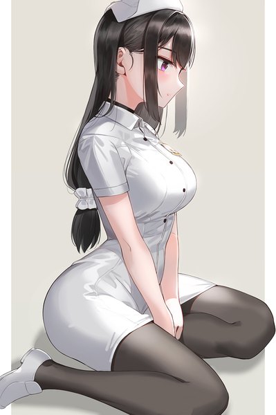 Anime picture 831x1250 with original kfr single long hair tall image blush fringe breasts black hair simple background sitting purple eyes payot looking away parted lips profile short sleeves low ponytail between legs nurse