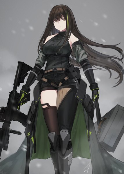 Anime picture 1161x1628 with girls frontline m4a1 (girls frontline) hayabusa single long hair tall image looking at viewer fringe breasts black hair simple background hair between eyes standing bare shoulders holding brown eyes signed payot parted lips multicolored hair