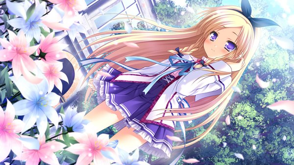 Anime picture 1280x720 with sekai to sekai no mannaka de moekibara fumitake long hair blonde hair wide image purple eyes game cg girl uniform flower (flowers) bow hair bow school uniform petals