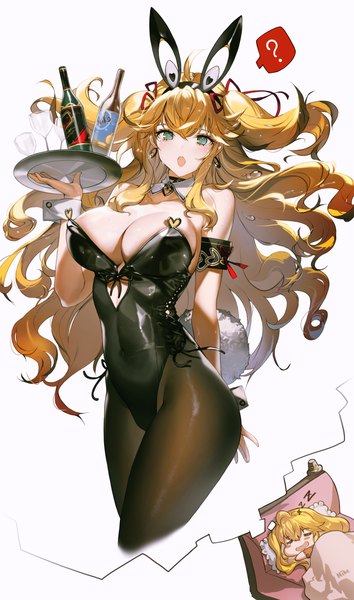 Anime picture 1476x2500 with azur lane admiral hipper (azur lane) nike1060 single long hair tall image looking at viewer fringe breasts open mouth light erotic simple background blonde hair hair between eyes large breasts white background green eyes signed animal ears tail